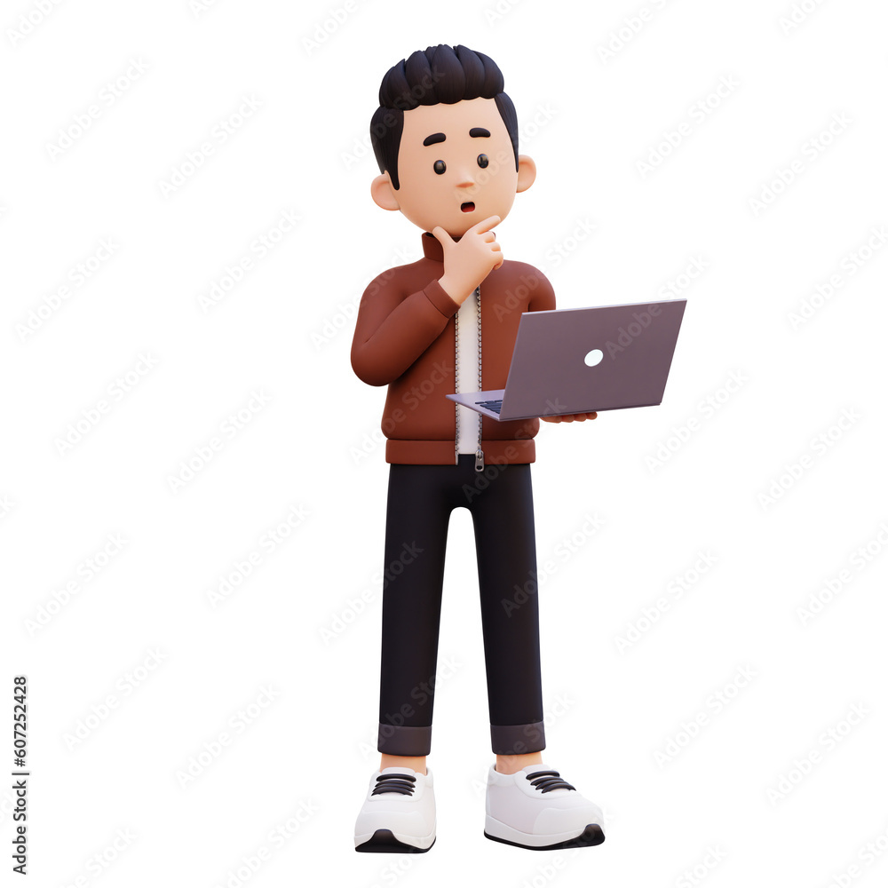 3d male character thinking and working on a laptop 3d male character thinking and working on a laptop