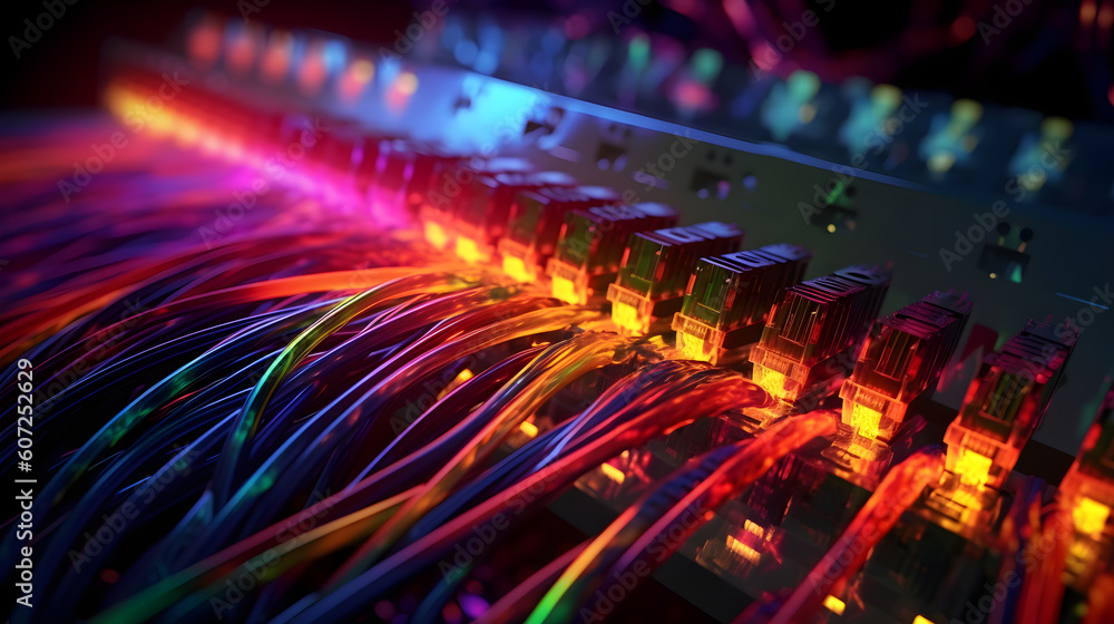 Multicolored electric cables and led, optical fiber background for ...