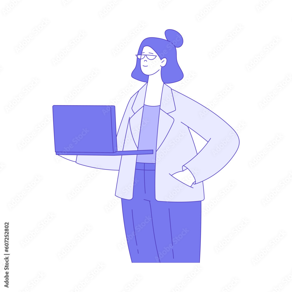 Obraz premium Business Woman Character in Glasses Standing with Laptop Vector Illustration