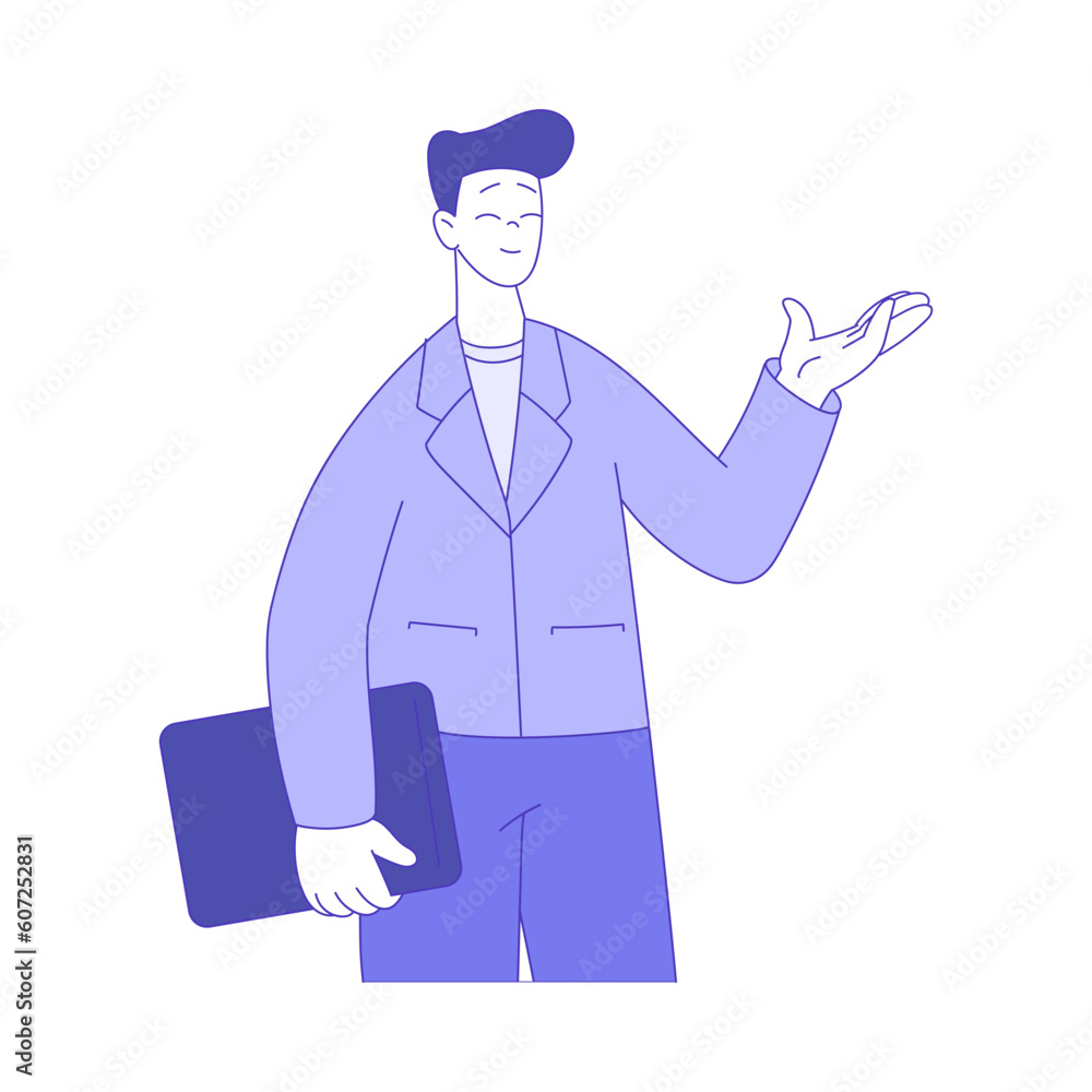 Business Man Character with Tablet Showing Gesture with Hand Vector Illustration