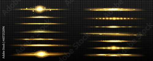 Realistic set of golden light lines isolated on transparent background. Vector illustration of yellow LED lamp shine, shimmering sunrise flash on horizon, magic energy effect, sunshine divider