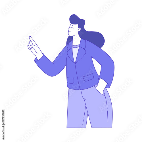 Business Woman Character Standing and Indicating with Her Finger Vector Illustration