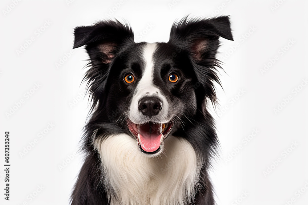 Captivating Canine Charm Head Shot of a Black and White Border Collie, Engagingly Panting and Locking Eyes with the Camera on a White Background. created with Generative AI Captivating Canine Charm Head Shot of a Black and White Border Collie, Engagingly Panting and Locking Eyes with the Camera on a White Background. created with Generative AI