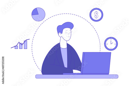 Man Character at Laptop Analyzing Financial Profit Growth and Evaluating Revenue and Expense Vector Illustration