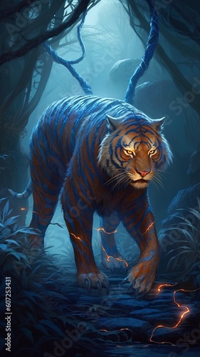 a surreal bright blue tiger surrounded by thorns Generative AI