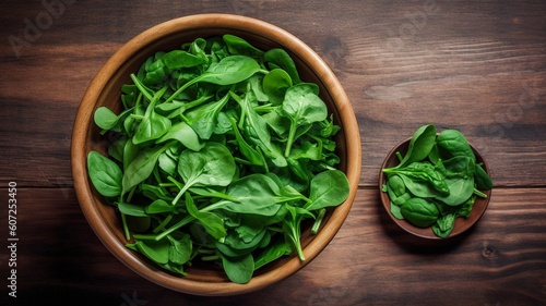 Baby spinach leaves in bowl on wooden table Generative AI