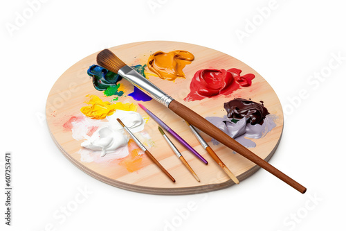 Artistic Creativity Unleashed Wooden Art Palette with Colorful Paint Blobs and Brushes on White Background. created with Generative AI