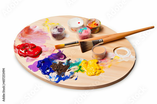 Artistic Creativity Unleashed Wooden Art Palette with Colorful Paint Blobs and Brushes on White Background. created with Generative AI