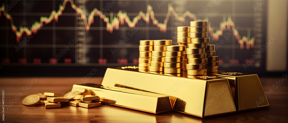 Gold bar resting on a stocks and shares graph representing investment, AI generated Gold bar resting on a stocks and shares graph representing investment, AI generated