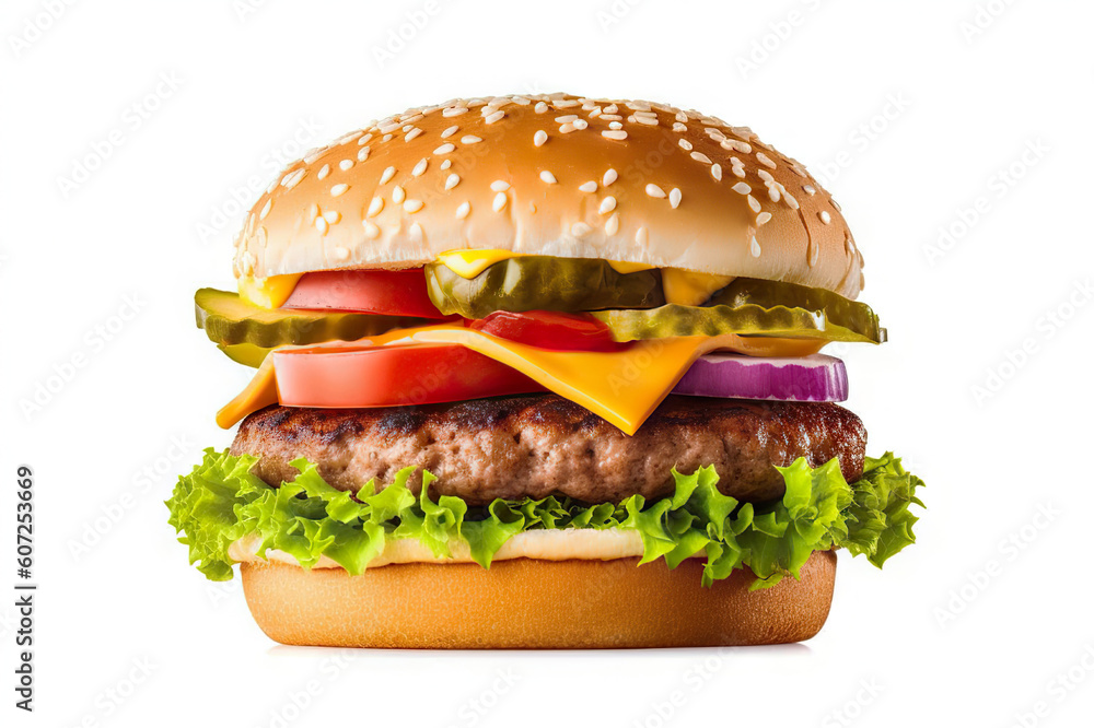 Mouthwatering Delight Delicious Burger Cut Out, Isolated on White Background. created with Generative AI Mouthwatering Delight Delicious Burger Cut Out, Isolated on White Background. created with Generative AI