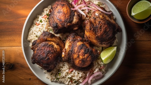 A view of a plate of jerk chicken in a restaurant Generative AI