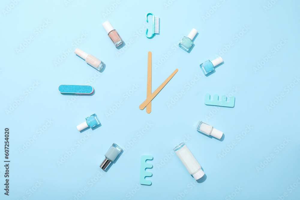Concept of nail art, tools for pedicure and manicure Concept of nail art, tools for pedicure and manicure