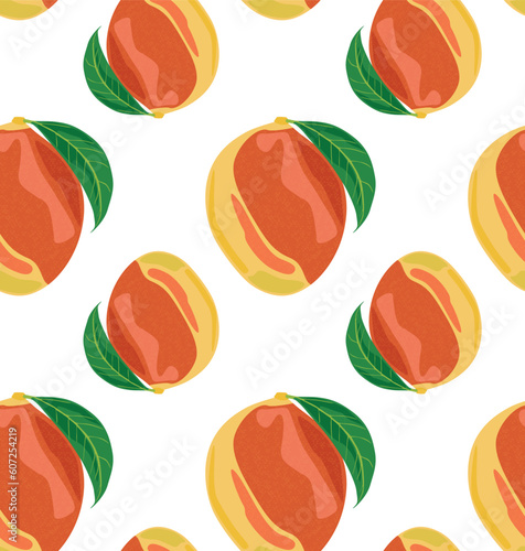 Ripe mango with leaves of different sizes. Seamless pattern in vector. Suitable for backgrounds and prints.