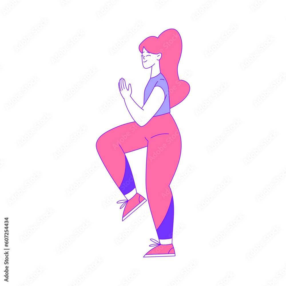 Young Female with Pink Hair Jogging Body Training and Sport Workout Vector Illustration