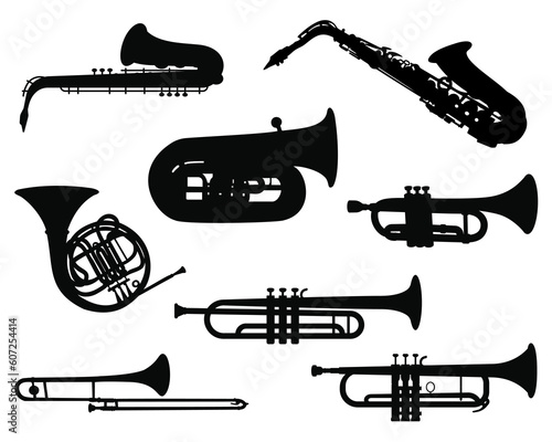 Set of Different Instruments Silhouette, Saxophone, Trumpet, french horn, Trombone