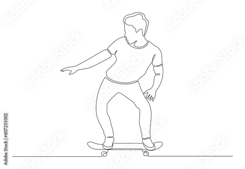 Continuous line drawing of a male play some skill of skateboard vector illustration. Premium vector.