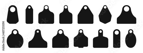 Ear tags for cattle. Set of blank black identification labels for farm animals isolated on white background. Collection of earmark mockups for livestock. Vector illustration