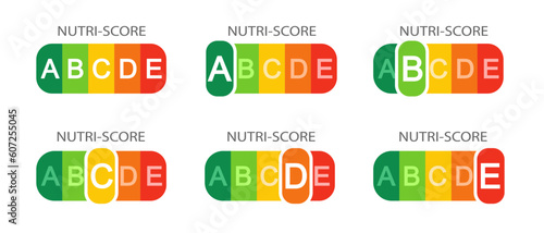 Set of Nutri-Score labels with classification letters isolated on white background. Nutritional quality of foods stickers used in EU products rating system. Vector flat illustration