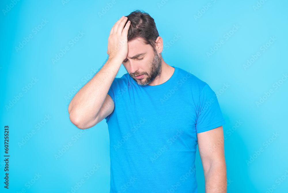 Migraine, tiredness and stress. Man in studio, is tired got headache migraine. Headache pain concept. Painful men are stressed. Stressful and headache. Suffering migraine, severe headache. Migraine, tiredness and stress. Man in studio, is tired got headache migraine. Headache pain concept. Painful men are stressed. Stressful and headache. Suffering migraine, severe headache.