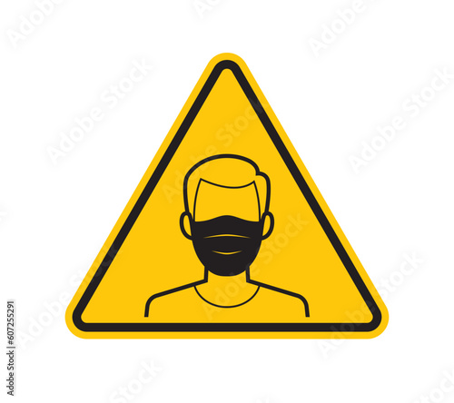 Vector yellow triangle sign - black silhouette man with face mask. Isolated on white background.