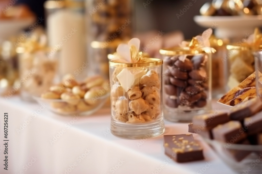 Delicious sweets at wedding candy bar Generative AI