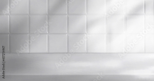 White bathroom tile studio product table display vector background. 3d minimal cosmetic stage with wall and floor in bath room mockup. Empty interior with countertop and light from window with shadow.
