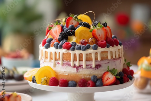 Homemade kids birthday cake with lots of fruits on top, cherries, strawberries, raspberries, indoors Generative AI