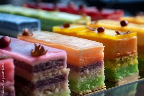 rows of coloured italian cakes on a glass stand Generative AI