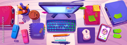 Top view of office workplace. Vector cartoon illustration of desktop computer, smartphone, sticky notes, notebooks, folders with documents, pencils and market pens, paper cup of coffee on wooden desk