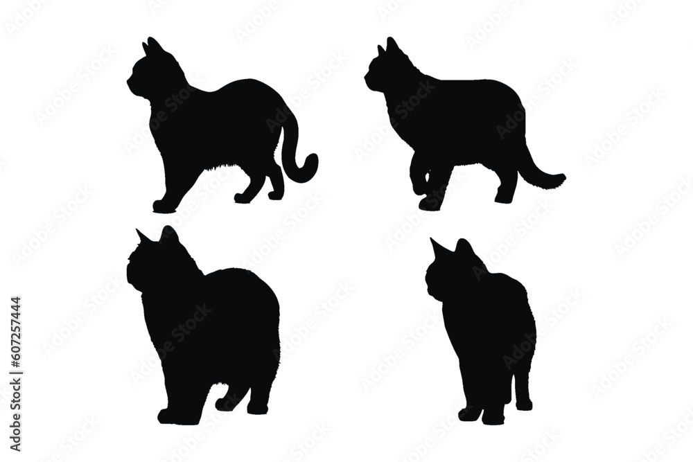 Cats standing and walking in different positions silhouette set vector. Domestic animals like cats or feline silhouette on a white background. Cute furry felines full body silhouette collection.