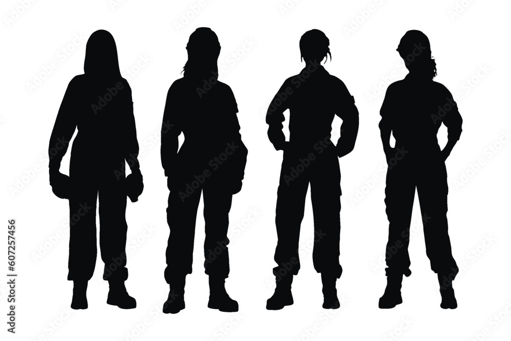 Female mechanics wearing uniforms silhouette set vector. Modern female mechanics with anonymous faces on a white background. Girl workers standing in different positions silhouette collection.