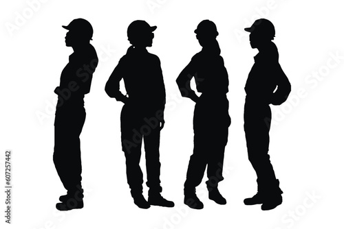 Female architects wearing uniforms silhouette set vector. Modern female workers with anonymous faces on a white background. Girl architects standing in different positions silhouette collection.