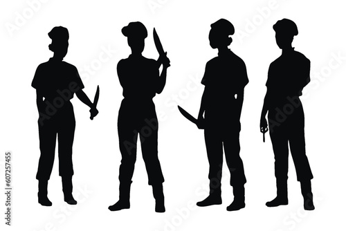 Female butcher wearing uniforms silhouette set vector. Modern female butchers with anonymous faces on a white background. Girl pirates standing in different positions with knives silhouette collection