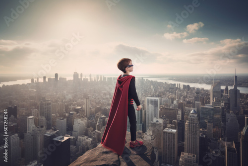 Kid Super Hero Looking over City