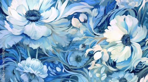 The blue and white floral pattern in a delicate shading style blends with the background painting.