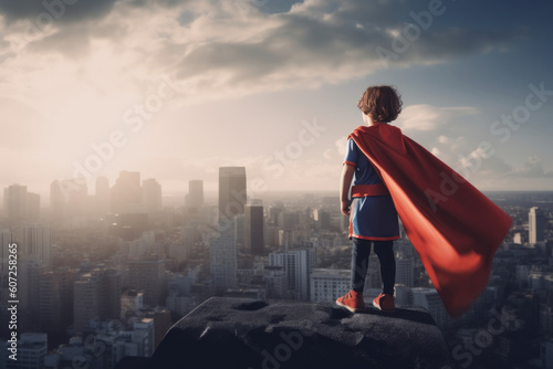 Kid Super Hero Looking over City
