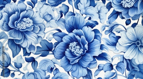 The blue and white floral pattern in a delicate shading style blends with the background painting. © EnelEva
