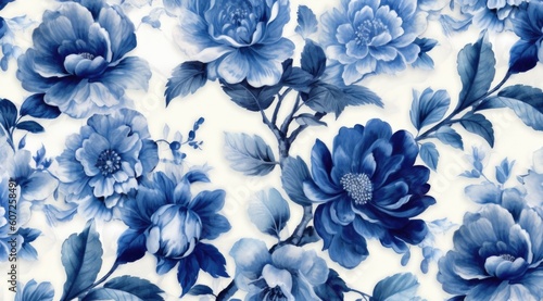 The blue and white floral pattern in a delicate shading style blends with the background painting.