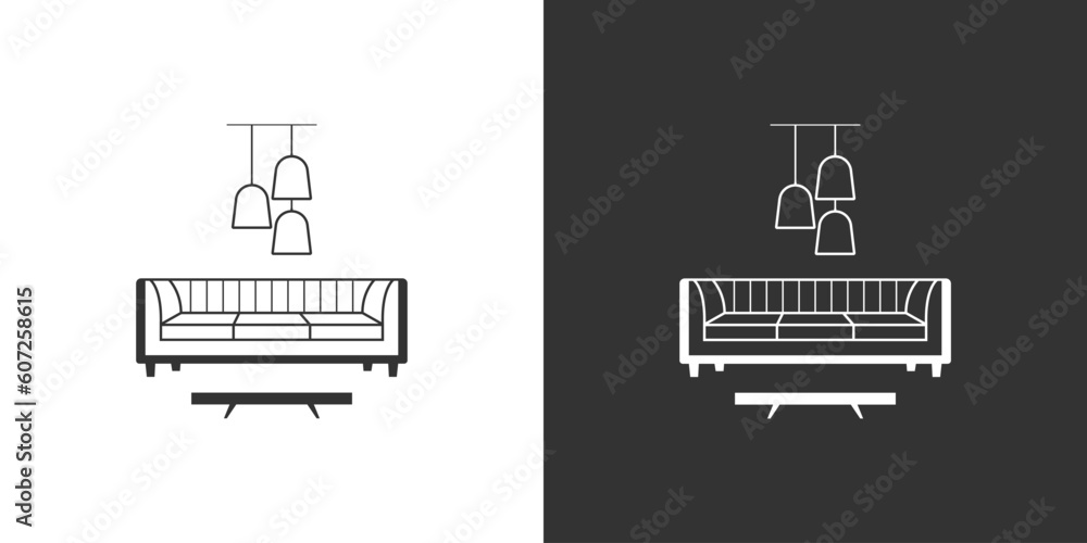 Furniture interior line icon with sofa, coffee table, modern chandelier. Black and white linear vector icon