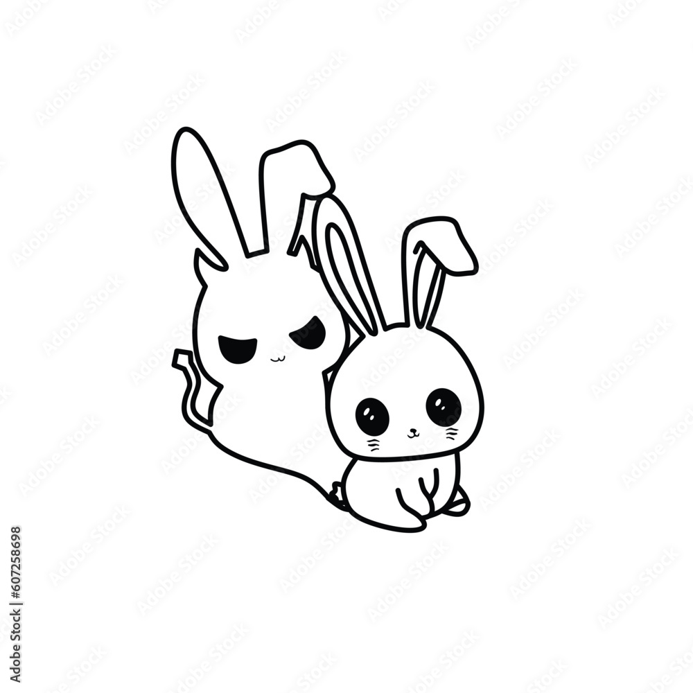 Vector, Image of rabbit and devil icon, black and white color, with white background