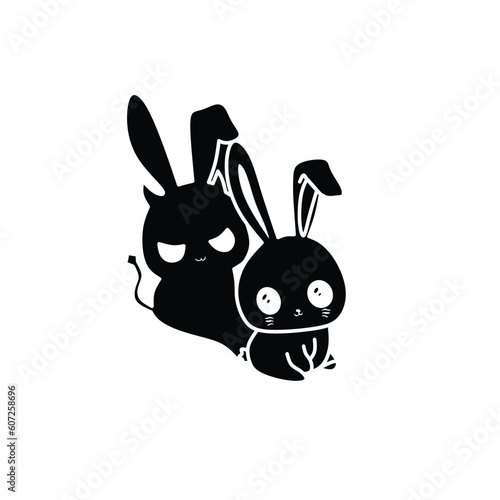 Vector, Image of rabbit and devil icon, black and white color, with white background