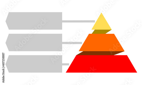 Infographic illustration of yellow and red triangles divided and cut into thirds and space for text, Pyramid shape made of three layers for presenting business ideas or disparity and statistical data photo