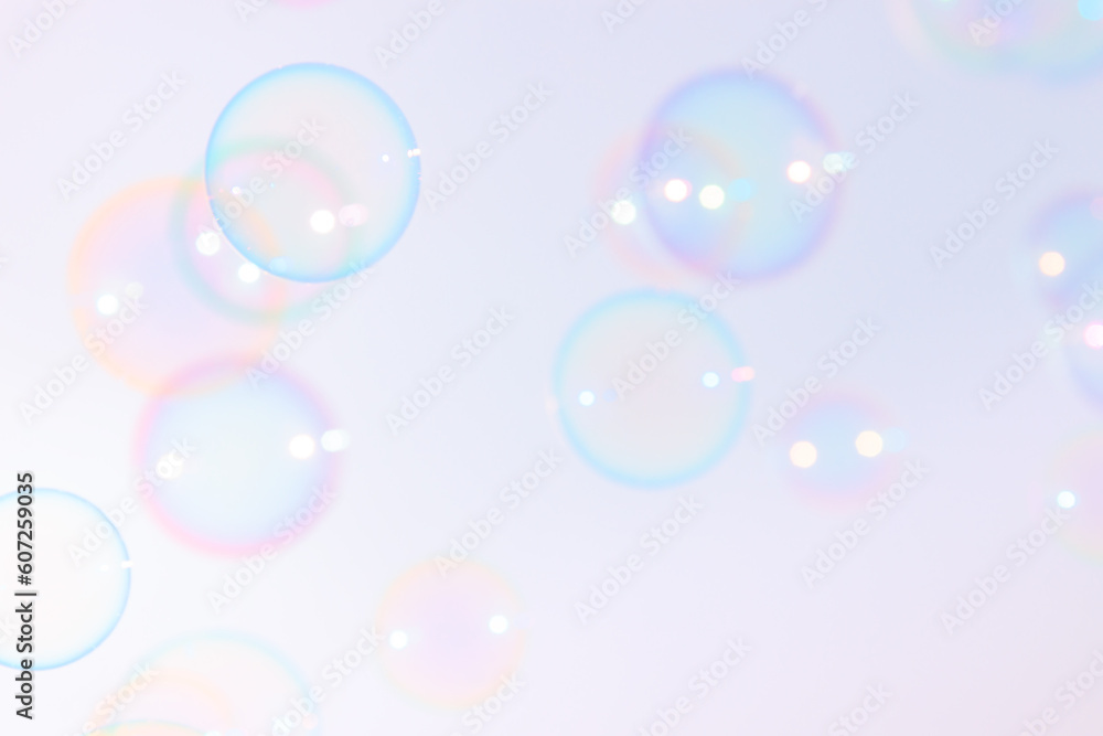 Beautiful Transparent Colorful Soap Bubbles. Abstract Background. Celebration Festive Backdrop. Freshness Soap Suds Bubbles Water