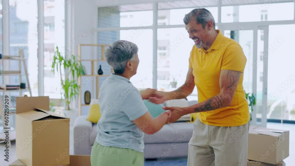 New house, dance and elderly happy couple moving into real estate property, living room home and apartment lounge. Marriage love, homeowner and excited relocation people dancing, celebrate and bond New house, dance and elderly happy couple moving into real estate property, living room home and apartment lounge. Marriage love, homeowner and excited relocation people dancing, celebrate and bond