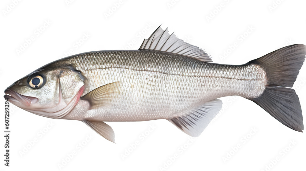 Fresh Catch Raw Sea Bass, Isolated Fresh Seabass Fish on White Background. created with Generative AI Fresh Catch Raw Sea Bass, Isolated Fresh Seabass Fish on White Background. created with Generative AI