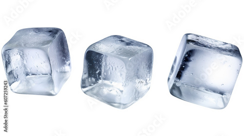 Refreshing Chills Three Ice Cubes Cut Out on Solid White Background. created with Generative AI