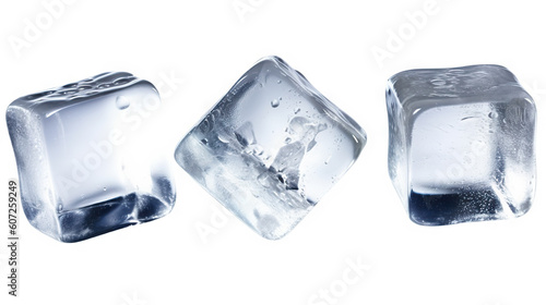 Refreshing Chills Three Ice Cubes Cut Out on Solid White Background. created with Generative AI