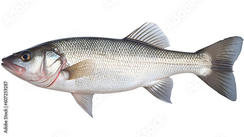 Fresh Catch Raw Sea Bass, Isolated Fresh Seabass Fish on White Background. created with Generative AI