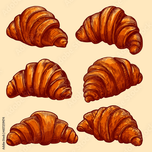 Set of croissant vector hand drawn. Croissant illustration. French bread drawing. Croissants illustration for design menu cafe, bistro, restaurant, label and packaging.