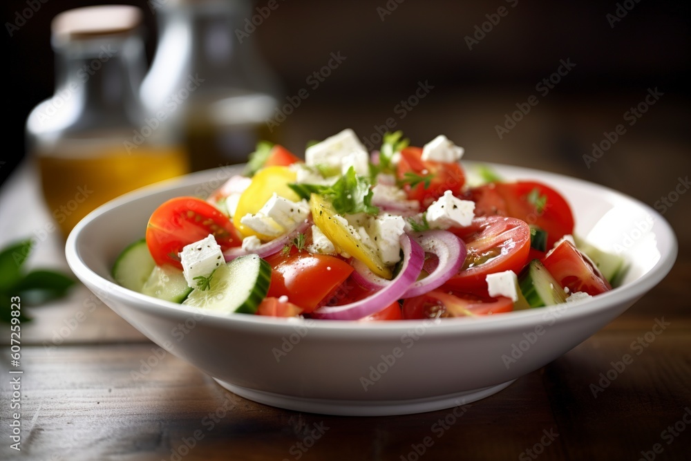 A tangy and refreshing Mediterranean salad with juicy tomatoes, crisp cucumber, feta cheese, and a lemony dressing. (Generative AI) A tangy and refreshing Mediterranean salad with juicy tomatoes, crisp cucumber, feta cheese, and a lemony dressing. (Generative AI)